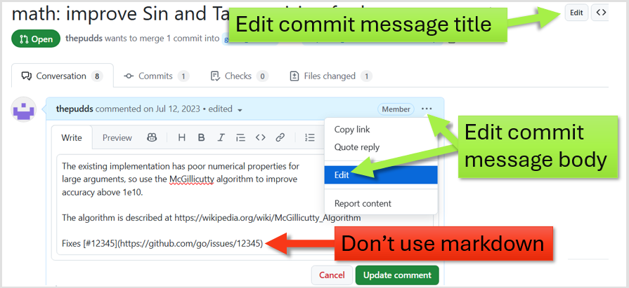 Screenshot of the GitHub PR web interface highlighting
the “Edit” button in top-right (for editing the Gerrit commit message title) and
the “Edit” menu option on the first comment (for editing the Gerrit commit message
body).